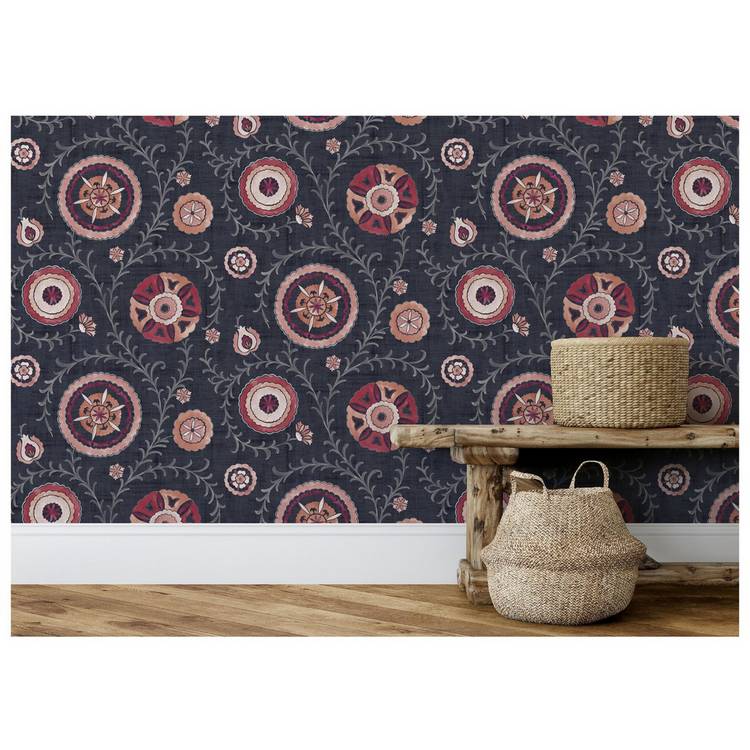 Esselle Home Nahlia Trail Navy Blue wallpaper with Moroccan patterns (British brand)