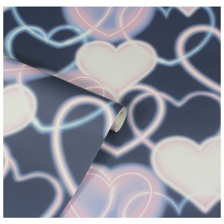 Arthouse neon heart wallpaper navy pink 53cm x 10.05m, UK version