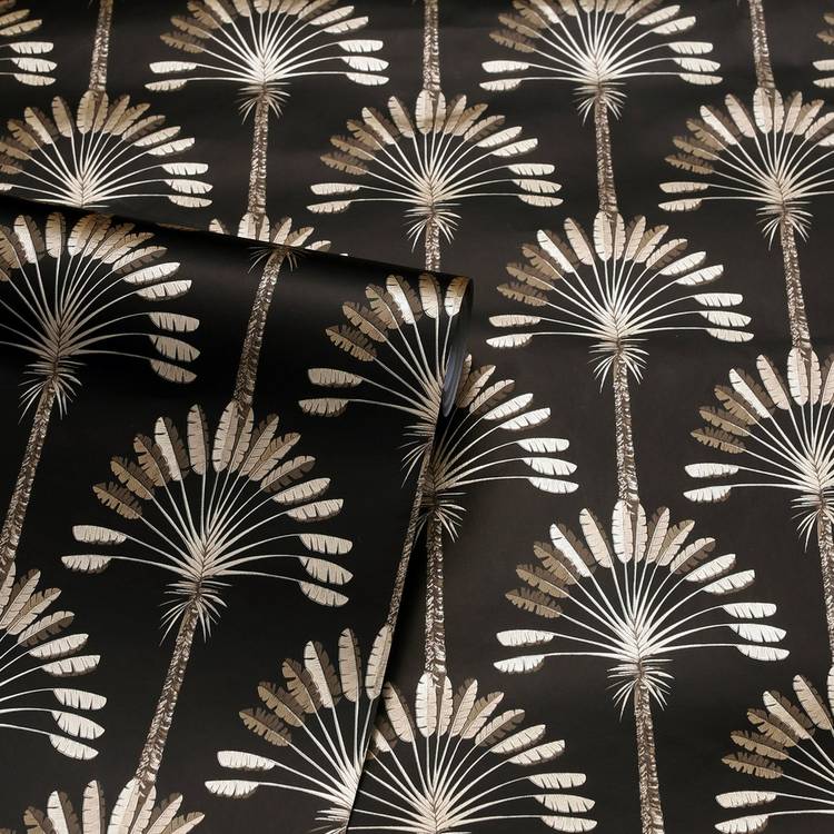 Arthouse Palm Palace black wallpaper with gold palms roll (British brand)