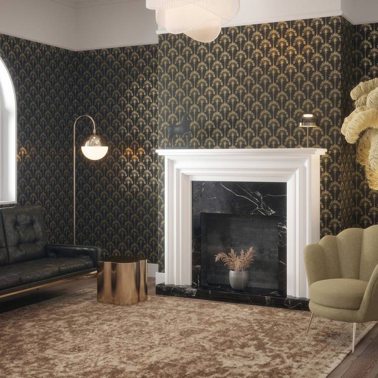 Arthouse Palm Palace black wallpaper with gold palms roll (British brand)