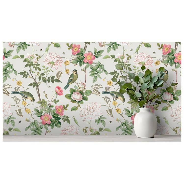 RHS Birdsong N Blooms cream wallpaper 50cm x 10m, UK version