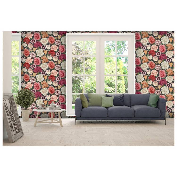 RHS Blooming Bouquet black wallpaper 50cm x 10m - British product