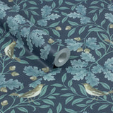 RHS Woodland Songbirds Navy wallpaper roll, imported from the UK