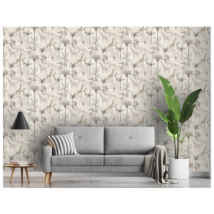 Arthouse Serengeti Animals Neutral wallpaper roll 53cm x 10.05m (British brand)