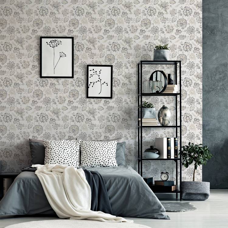 Arthouse soft grey jacobean trail wallpaper, imported from the UK
