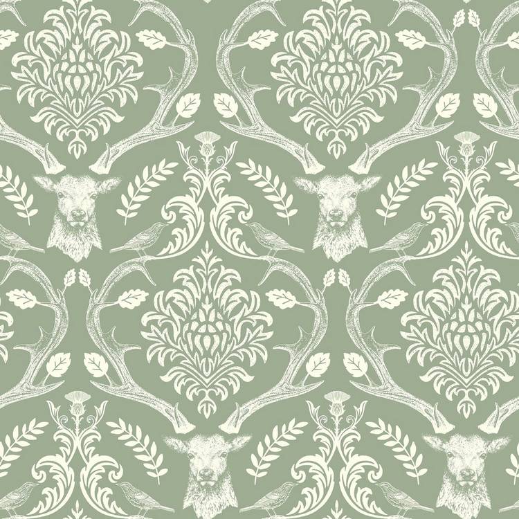 Arthouse Stag Damask Sage Green wallpaper, UK version