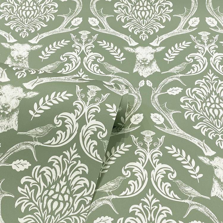 Arthouse Stag Damask Sage Green wallpaper, UK version