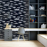 Arthouse stars and clouds navy wallpaper roll, imported from the UK