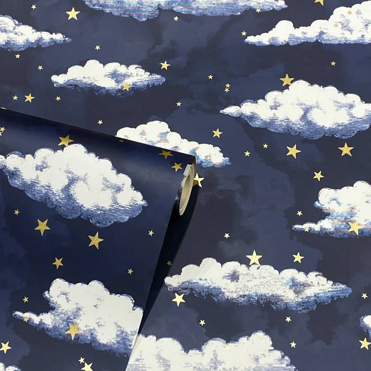 Arthouse stars and clouds navy wallpaper roll, imported from the UK