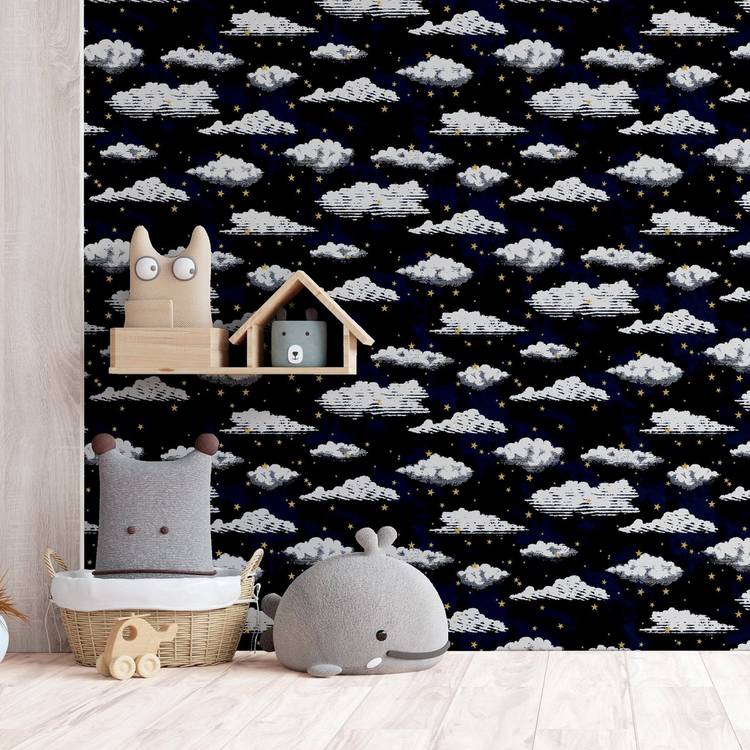 Arthouse stars and clouds navy wallpaper roll, imported from the UK