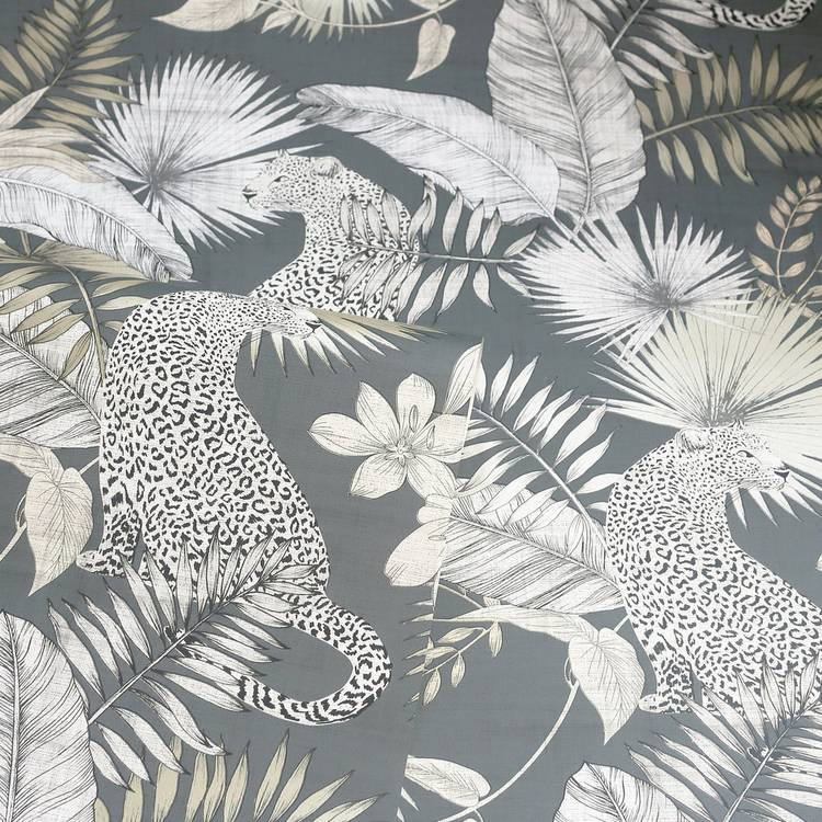 Arthouse jungle theme grey wallpaper with leopard design, UK version