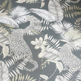 Arthouse jungle theme grey wallpaper with leopard design, UK version
