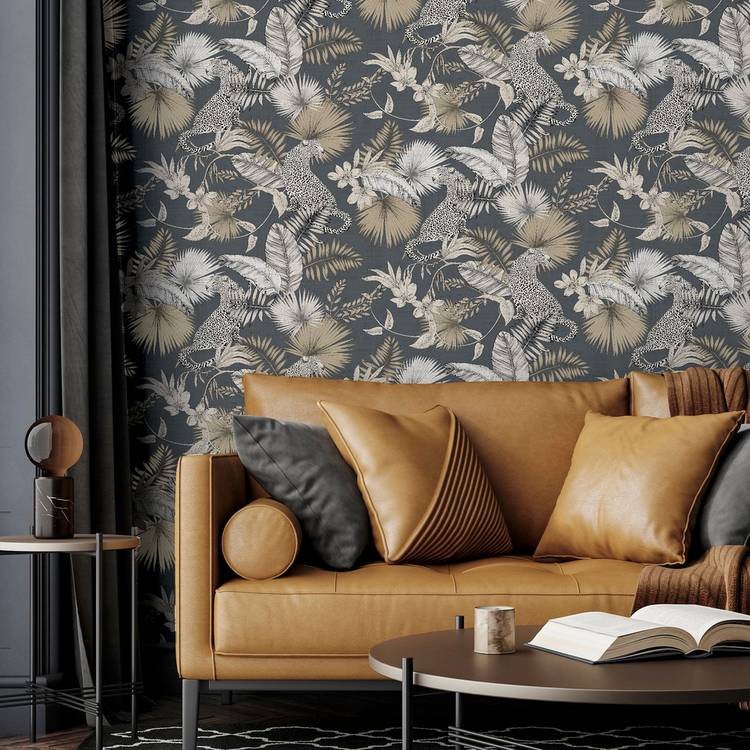 Arthouse jungle theme grey wallpaper with leopard design, UK version
