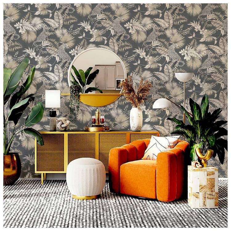 Arthouse jungle theme grey wallpaper with leopard design, UK version
