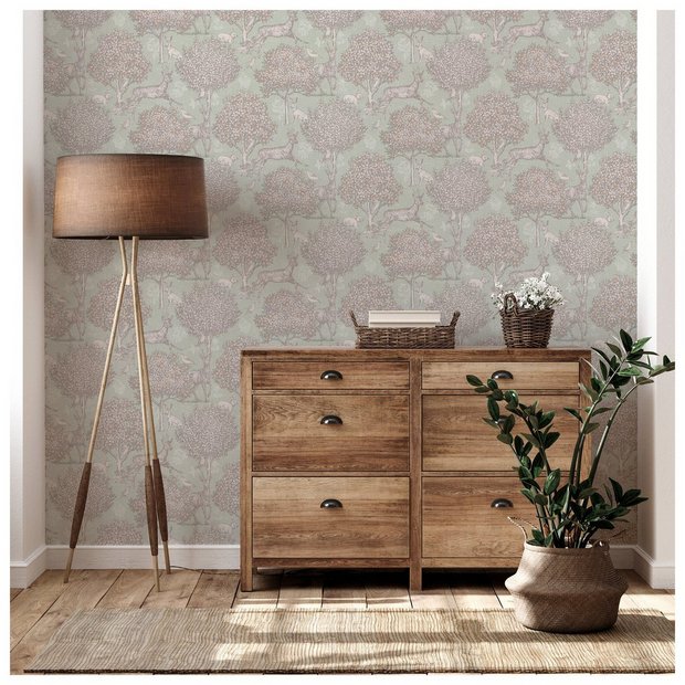 Arthouse Woodland Scene sage green wallpaper, imported from the UK