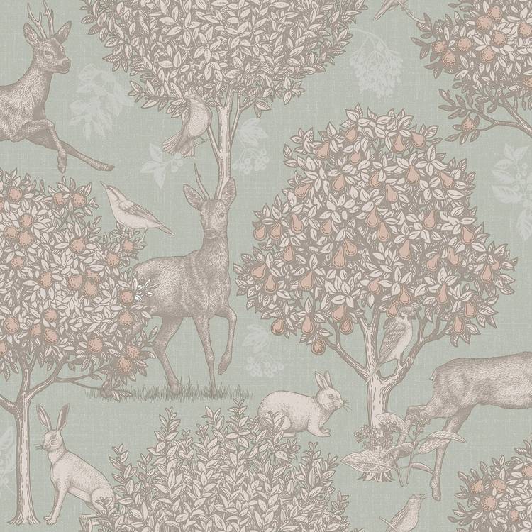 Arthouse Woodland Scene sage green wallpaper, imported from the UK