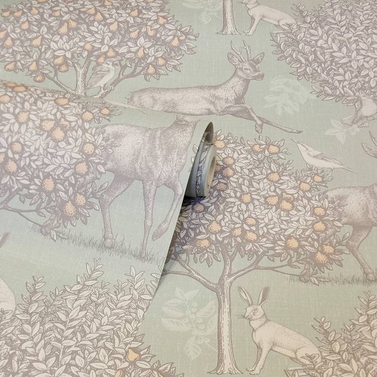 Arthouse Woodland Scene sage green wallpaper, imported from the UK
