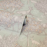 Arthouse Woodland Scene sage green wallpaper, imported from the UK