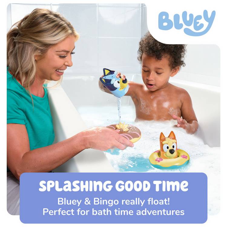 Bluey bath toy set with Bluey and Bingo floating rings, UK version