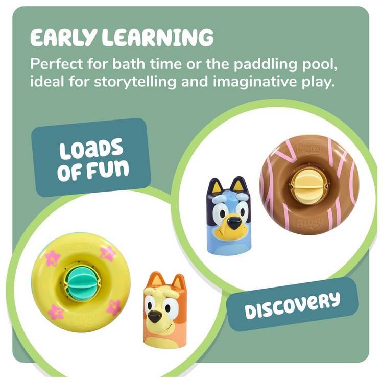 Bluey bath toy set with Bluey and Bingo floating rings, UK version