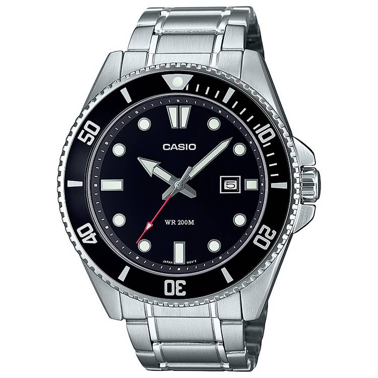Casio stainless steel watch black dial silver strap (British brand)