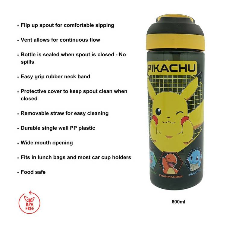 Hox Pokémon Pikachu black sipper water bottle 600ml, imported from the UK