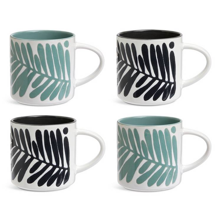 Habitat stoneware mugs leaf pattern green black set of 4 - British product