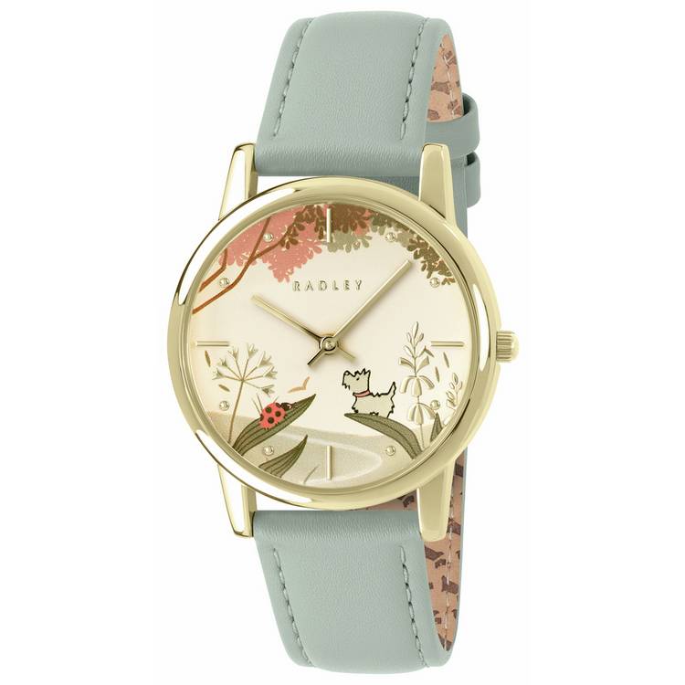 Radley gold plated watch with green artichoke leather strap 35mm (British brand)
