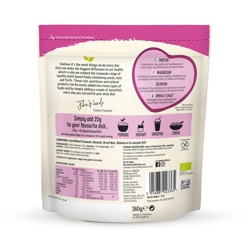 Linwoods Milled Flaxseed Blend with Nuts 360g, imported from the UK
