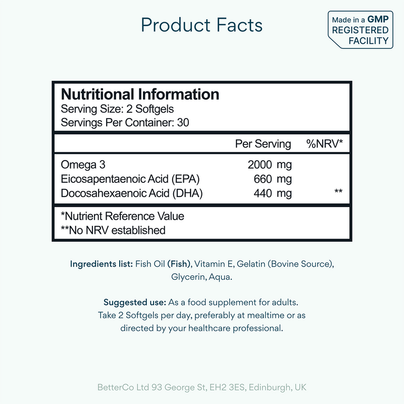 Bettervits Omega 3 softgels high EPA DHA 60 count - British product
