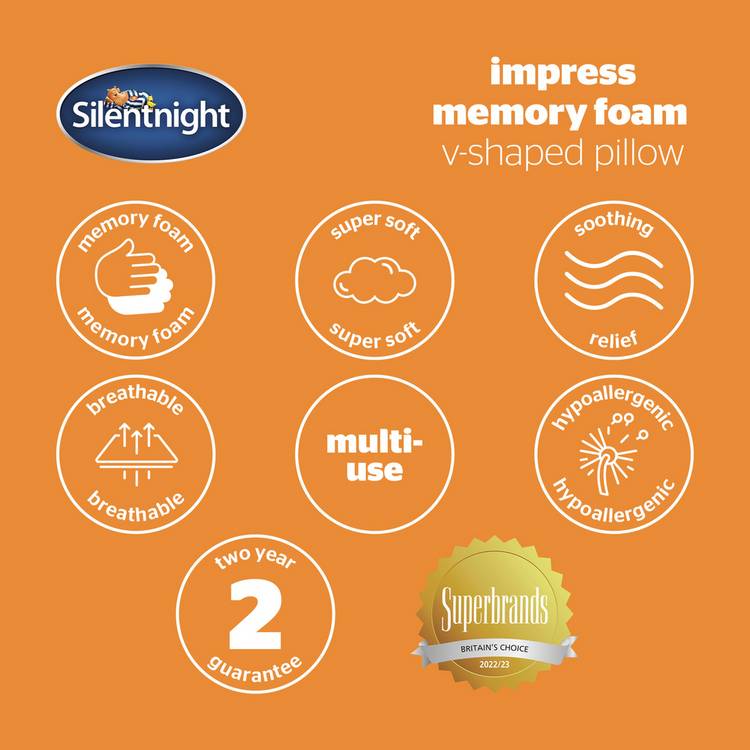 Silentnight memory foam V shaped support pillow, imported from the UK