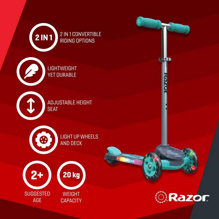 Razor Rollie DLX teal kids scooter with seat (British brand)