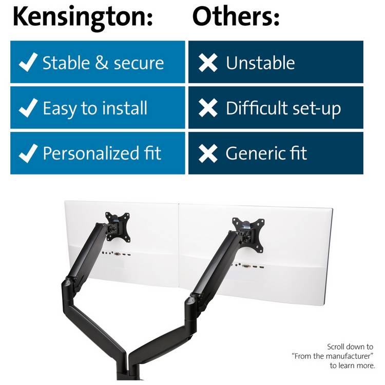 Kensington SmartFit dual monitor arm for 13-34 inch screens (British brand)