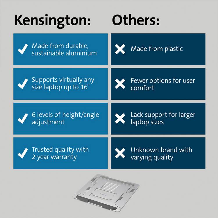 Kensington aluminium laptop riser silver adjustable stand - British product