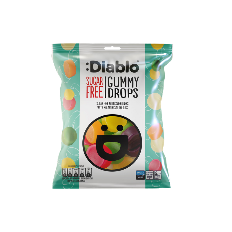 Diablo sugar free gummy drops assorted fruit flavours 75g pack of 8 (British brand)