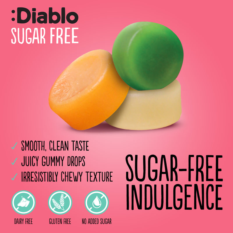 Diablo sugar free gummy drops assorted fruit flavours 75g pack of 8 (British brand)