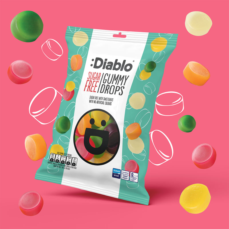 Diablo sugar free gummy drops assorted fruit flavours 75g pack of 8 (British brand)