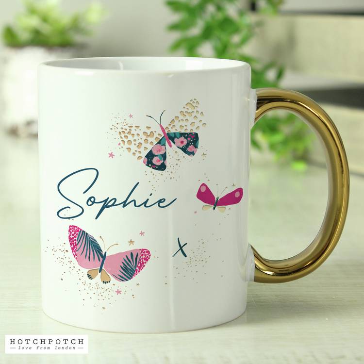 Personalised butterfly mug with gold handle 312ml, UK version