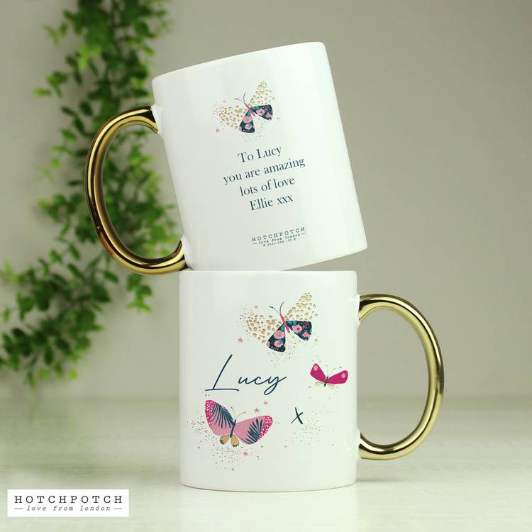 Personalised butterfly mug with gold handle 312ml, UK version