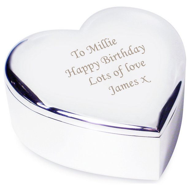 Personalised heart trinket box nickel plated with fabric interior (British brand)