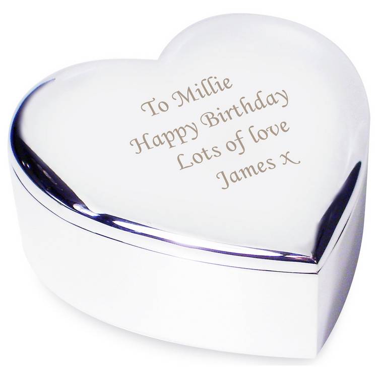Personalised heart trinket box nickel plated with fabric interior (British brand)