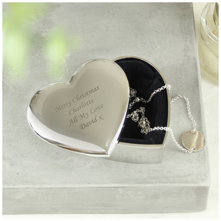 Personalised heart trinket box nickel plated with fabric interior (British brand)
