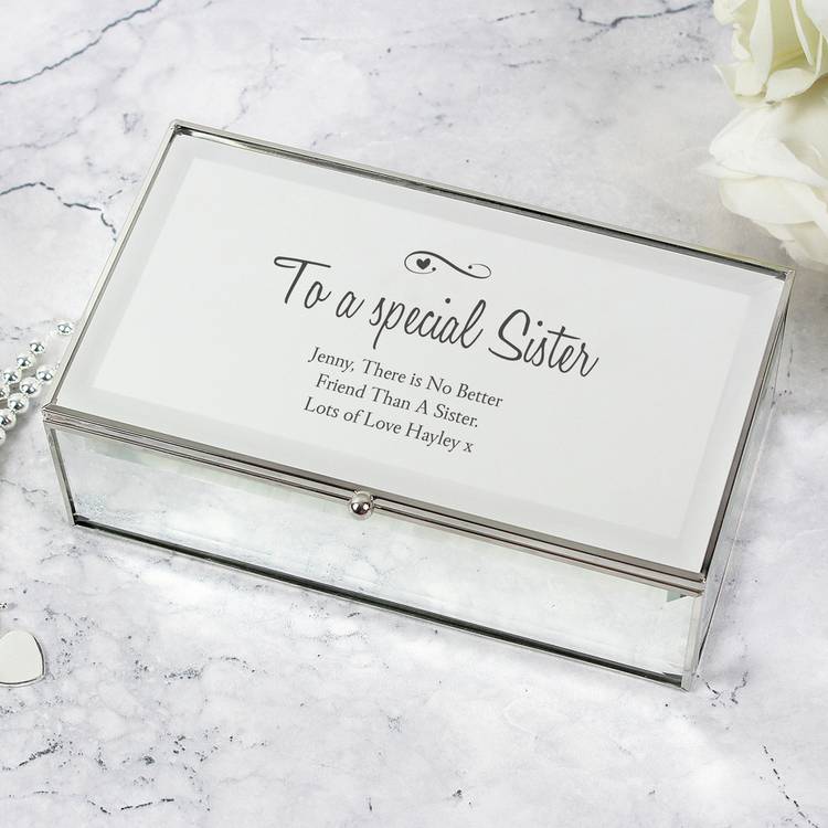 Personalised jewellery box with hearts and swirls design, mirrored glass, three compartments, UK version