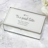 Personalised jewellery box with hearts and swirls design, mirrored glass, three compartments, UK version