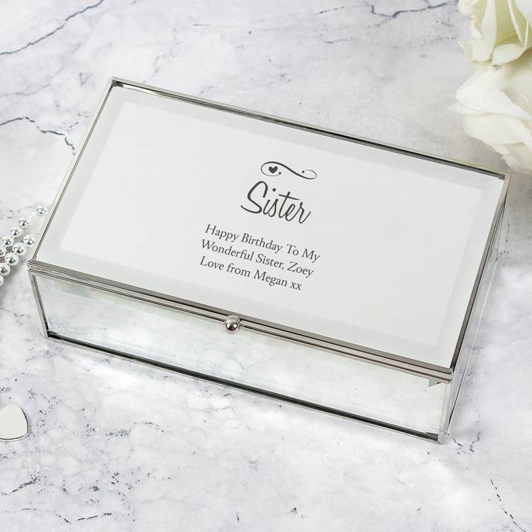 Personalised jewellery box with hearts and swirls design, mirrored glass, three compartments, UK version