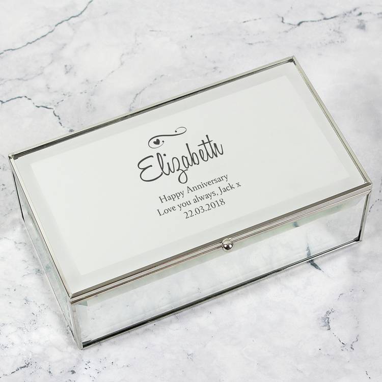 Personalised jewellery box with hearts and swirls design, mirrored glass, three compartments, UK version