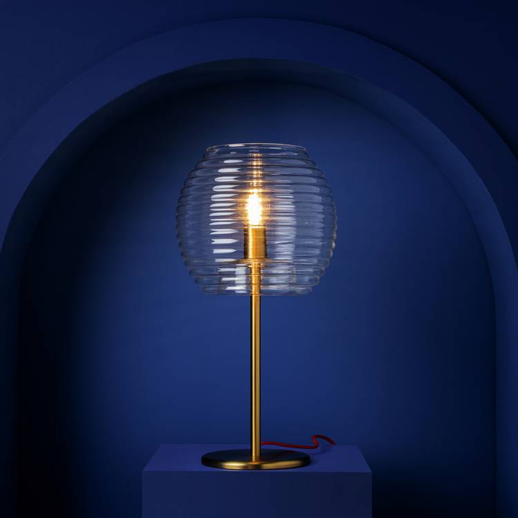 Habitat Hub table lamp with brass base and glass shade, UK version