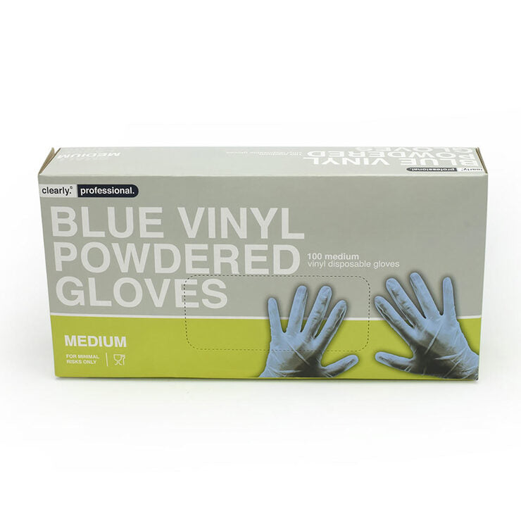 Clearly Professional Blue Vinyl Powdered Gloves Medium Pack of 100