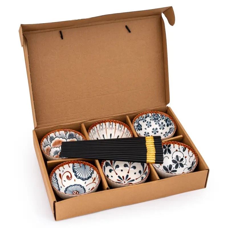 Rice bowl and chopstick gift set brown and blue 6 sets - British product