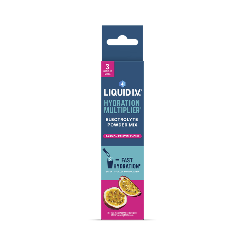 Liquid I.V. passion fruit electrolyte powder sachets 3-pack, imported from the UK